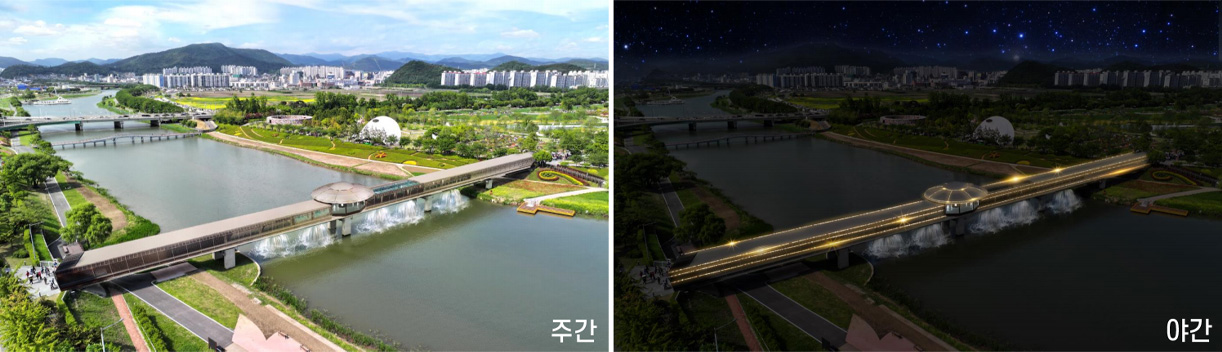 우주선 컨셉으로 새롭게 바뀐 스페이스 브릿지의 주간 모습과, 야간의 모습을 나타냄