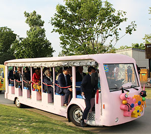분홍색 관람차에 관광객들이 타고 있는 사진