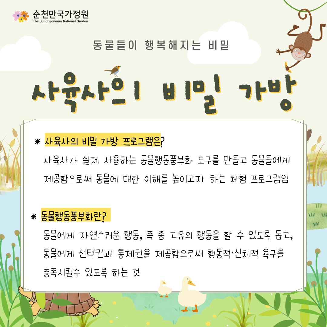동물들이 행복해지는 비밀
사육사의 비밀 가방
사육사의 비밀 가방 프로그램은
사육사가 실제 사용하는 동물행동풍부화 도구를 만들고 동물들에게 제공함으로써 동물에 대한 이해를 높이고자 하는 체험 프로그램임
동물행동풍부화란
동물에게 자연스러운 행동, 즉 종 고유의 행동을 할 수 있도록 돕고, 동물에게 선택권과 통제권을 제공함으로써 행동적 신체적 요구를 충족시킬수 있도록 하는 것